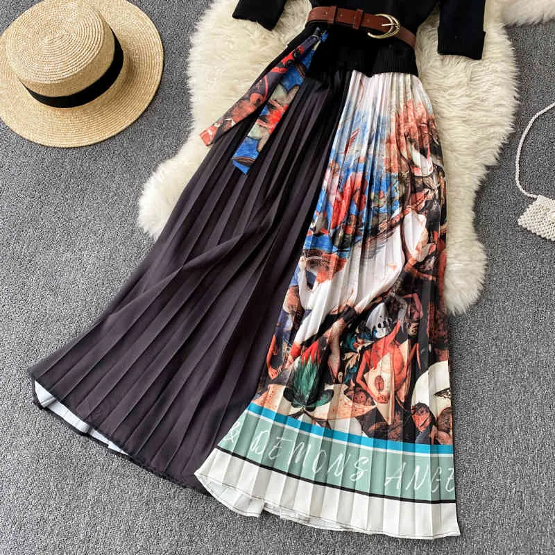 Singreiny Kvinnor Design Print Pleated Dress O Neck Kortärmad Sashes Splice A-Line Dresses Summer Casual Streetwear Midi Dress 210419