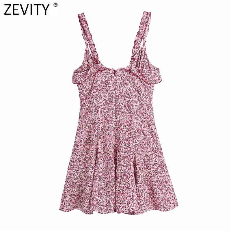 Kobiety Słodki Czerwony Kwiatowy Druku Pleat Ruffles Sling Sukienka Kobieta Wstecz Zipper Casual Slim Vestidos Chic Letnie Suknie DS8280 210420