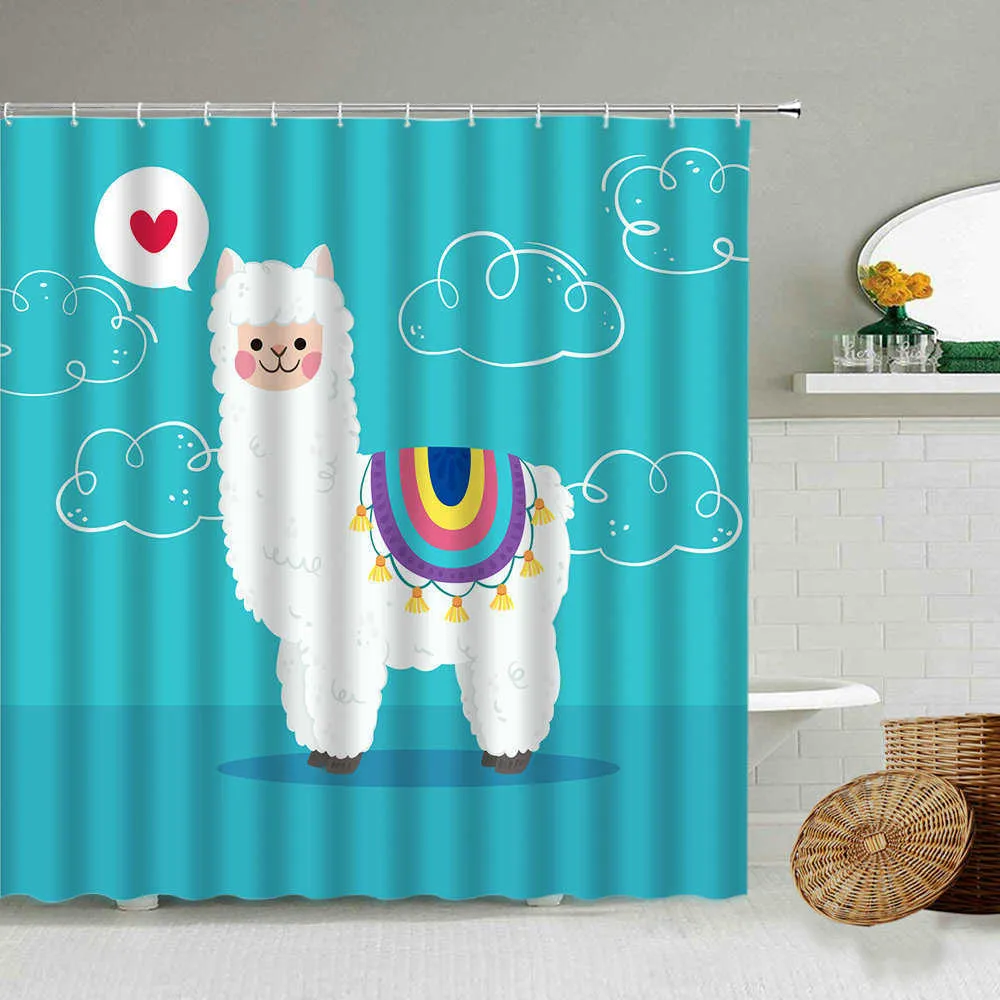 入浴豚のシャワーカーテン漫画アルパカ恐竜かわいい子供浴室装飾防水カーテントイレ隔壁210609