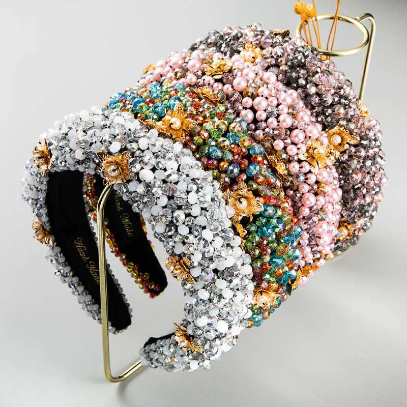 Nouveau Perle Plein Cristal Strass Bandeau De Luxe Cheveux Accessoires Bling Bandeaux pour Femmes Perlé Fleur Baroque Bandeau X0722