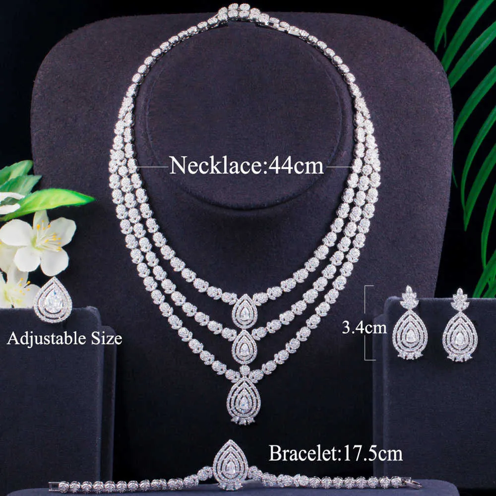 Pera Vintage 3 warstwy Cubic Cyrkonia Dangle Wody Drop Naszyjnik Kolczyki Bransoletka Zestawy pierścieniowe dla Bridal Wedding Party Żydów J409 H1022