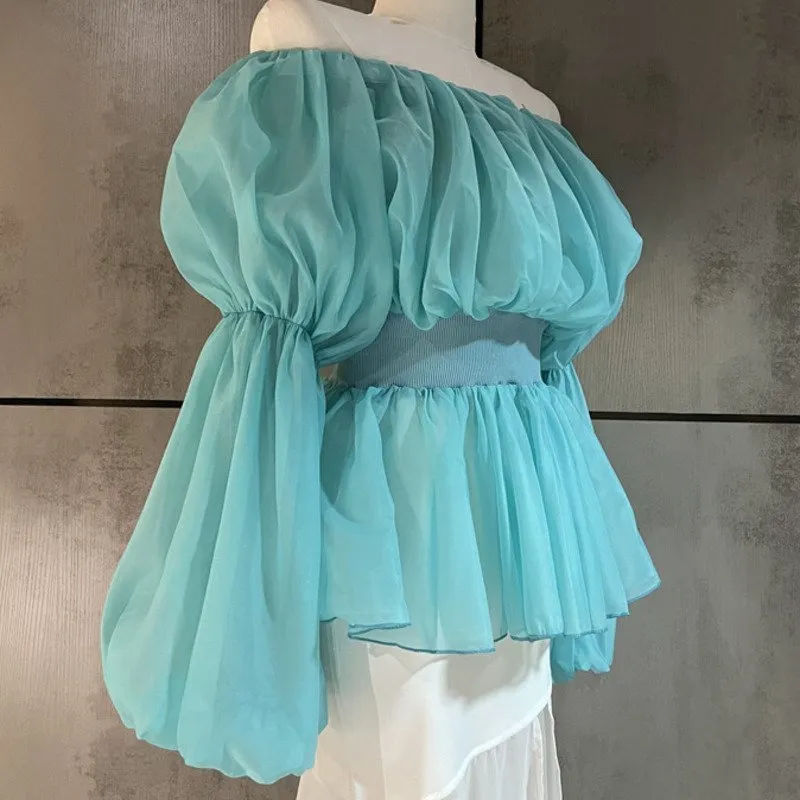 Zomer Koreaanse elegante blouses femme slash nek lantaarn lange mouw ruches shirt voor vrouwen mode casual zoete blusas tops 210514