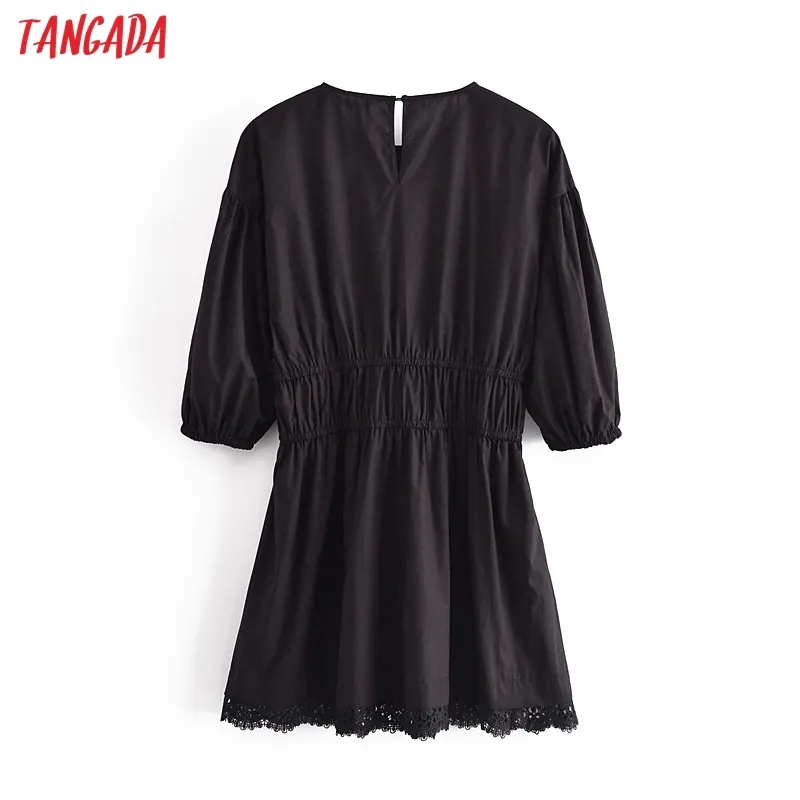 Été femmes noir tunique dentelle Pathcwork bouffée à manches courtes dames Mini robe Vestidos 3H251 210416