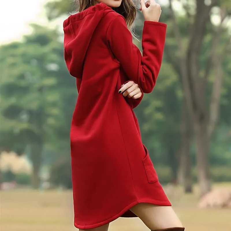 Kobiety Loose Długie Kapturem Solidna Czerwona Bluza Bluzy Moda Casual Jesień Kieszonkowy Sznurek Długi Rękaw Bluza Dress Kobieta Y0820