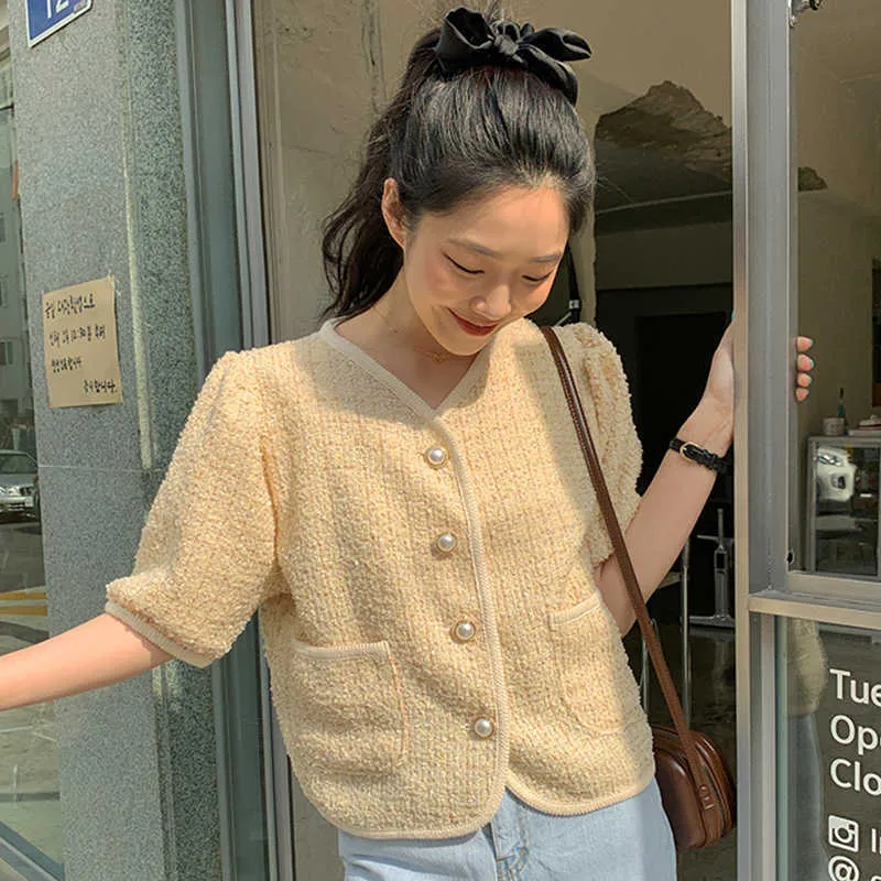 Korejpaa Women Jackets Summer Korean Chic Female Gentle V-Neck Trim Pearl Button Double Pocket Puff Sleeved Tweed Coats 210526