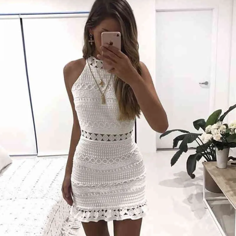 European and American Sexy Lace Stitching Hollow Out Dress High-end New Office OL Club Party Clothes Y1204