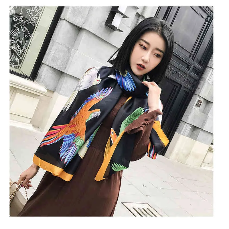 Fågel silke halsduk pashmina kvinnor lyx märke papegojor tryckta sjal wraps mjuka foulard kvinnliga halsdukar turkiska naturliga twill