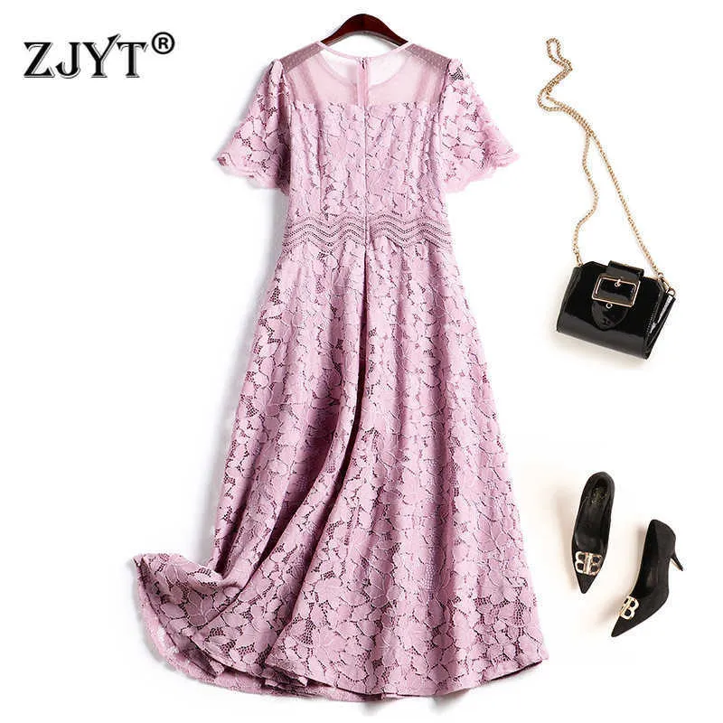 Sommar stilfulla kortärmade designers kvinna mittkalv lila spets fest klänning elegant kändis robe söt prinsessa vestidos 210601