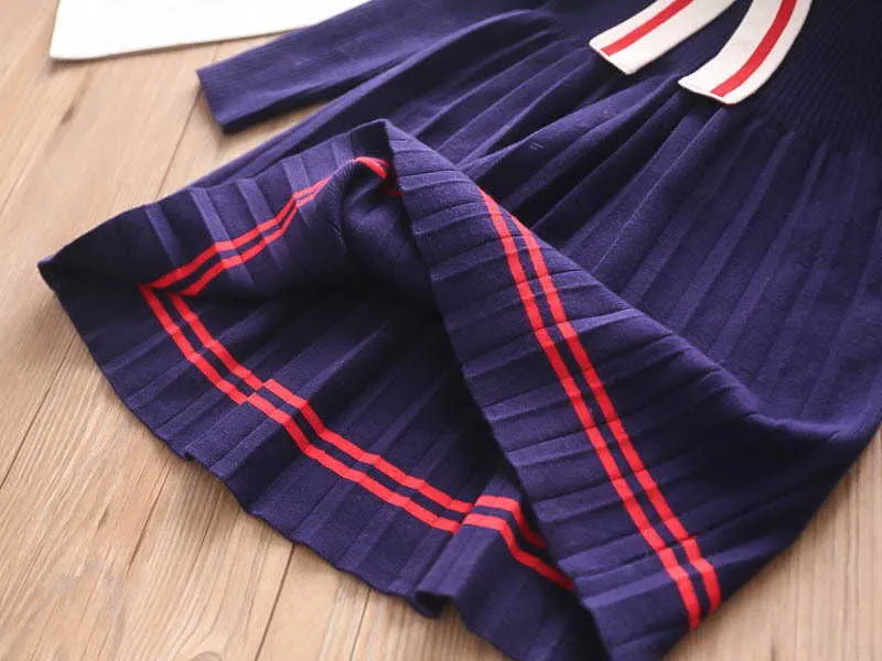 Cartoon Rabbit Sailor Collar Girls Dress Winter Knitted Cotton Preppy Style Baby Kids Clothes 2-10Y E3232 210610