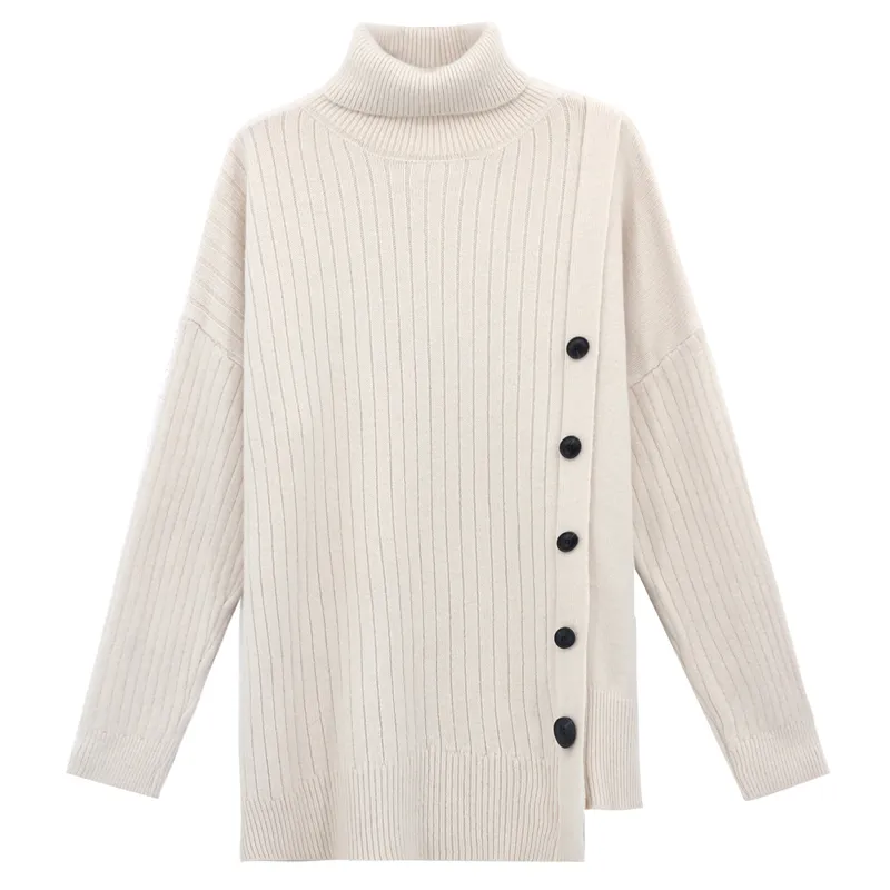 Suéter de cuello alto con botones, suéter adelgazante delgado de invierno para mujer, camisa de manga larga con fondo 210520