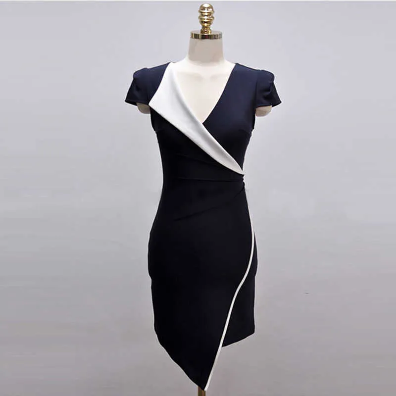 summer style irregularity collision color wrap buttocks V collar dress fashion temperament office party for women dresses 210602