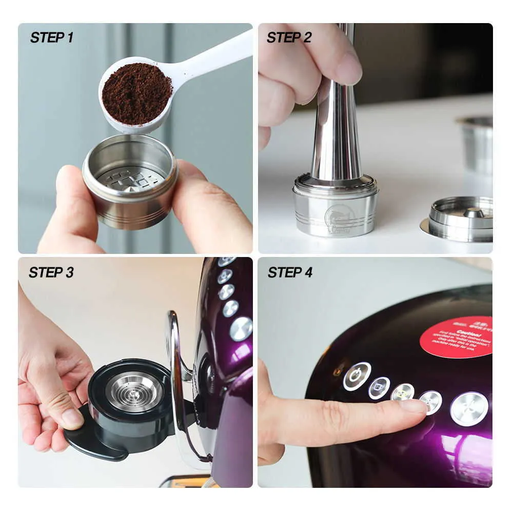 Tchibo Cafissimo Aldi Expresiの再利用可能なコーヒーカプセル詰め替えK-PODフィルターステンレススチール製Cafetira Tamper 210712