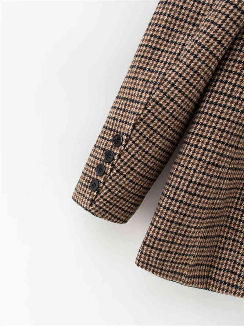 Femmes élégantes Blazer à double boutonnage Automne Bureau Dames Vestes Casual Femme Brown Plaid Loose Costumes Filles Chic Ensembles 210427