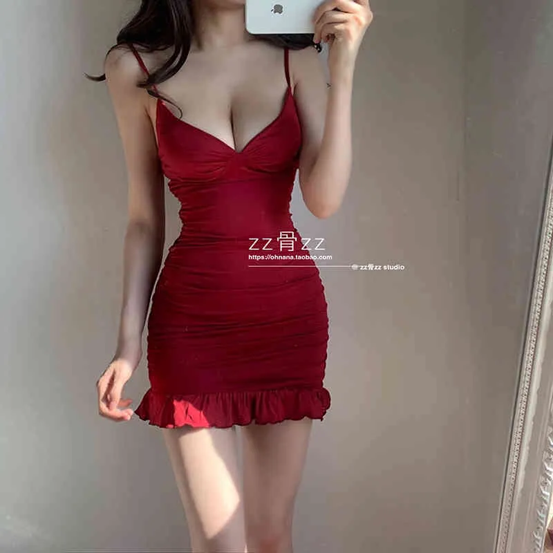 Womengaga Seksi Düşük Büstü V Yaka Düzensiz Ince Kalça Elastik Katı Renk Tankı Ruffles Mini Yelek Elbise Kore Kadınlar Elbiseler WQ98 X0521