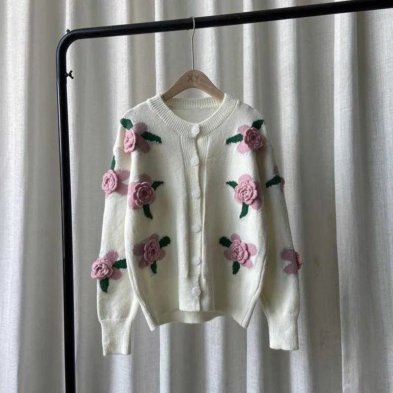 Korobov Blume Stickerei süßer japanischer Stil Frauen Strickjacken Koreanische Strickjacke Vintage Elegant O Hals Strickpullover 211011