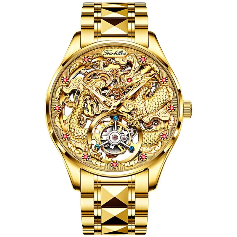 Luxury Gold Dragon Automatisk klocka för män Mekanisk Tourbillon Sapphire Waterproof Top Brand Wristwatch Transparent Wristwatches2867