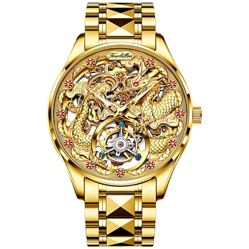 Luxury Gold Dragon Automatyczne zegarek dla mężczyzn Mechaniczny Tourbillon Sapphire Waterproof Top Brand Mandwatch Transparent Na rękę