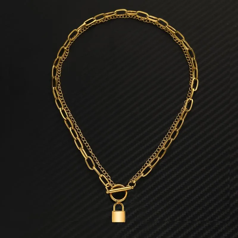 Pendentif Colliers en acier inoxydable multicouche chaîne serrure collier pour femmes hommes OT fermoir bascule cadenas tour de cou hip hop bijoux 186w