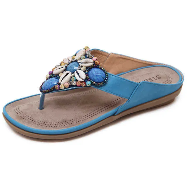 Sandália plana de verão artesanal retro boémia flip-flops mulheres chinelos sapatos de praia com seashells tamanho grande 42 sandalias de mujer y0721