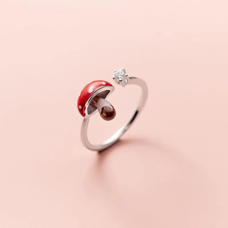 Anéis de cluster bonito pingando cogumelo vermelho aberto esterlina 925 jóias de prata diamantes ajustáveis ​​para mulheres menina presente acessório301o