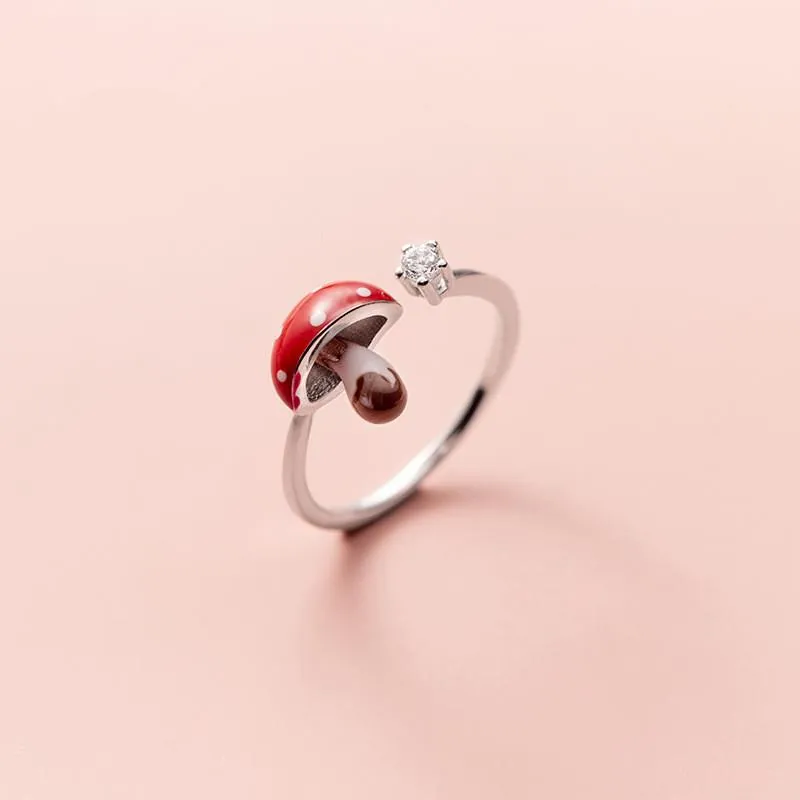 Anneaux de cluster mignon dégoulinant champignon rouge ouvert sterling 925 bijoux en argent diamants réglables pour femmes fille cadeau accessoire204o