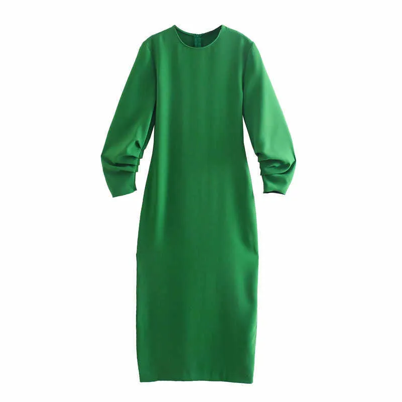 Za printemps froncé vert robe femmes manches longues bouffantes Vintage drapé robes de soirée femme Chic dos Zip ajusté Midi Vestidos 210602