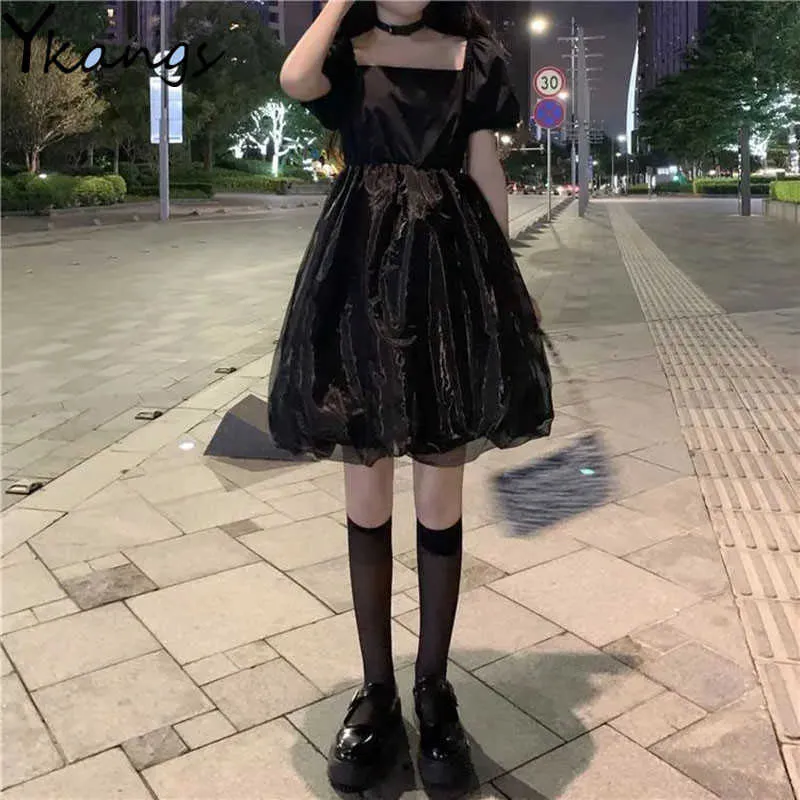 Japonais Lolita Tutu Robe Femmes Princesse Noir Taille Haute Gothique Mini Robe Blanc Manches Bouffantes Dentelle Maille À Volants Robe Douce 210619