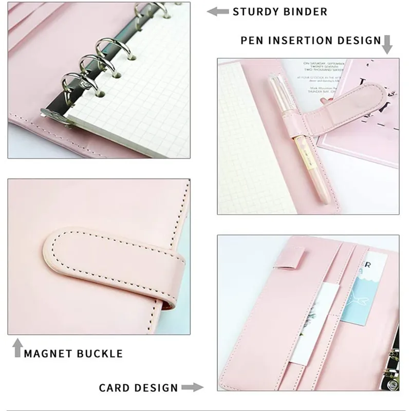 A6 Binder Planner Pink Notebook Binder و 12 قطعة 6 حفرة الموثق سستة مجلد، جيوب الموثق مظروف النقدية محفظة 0224