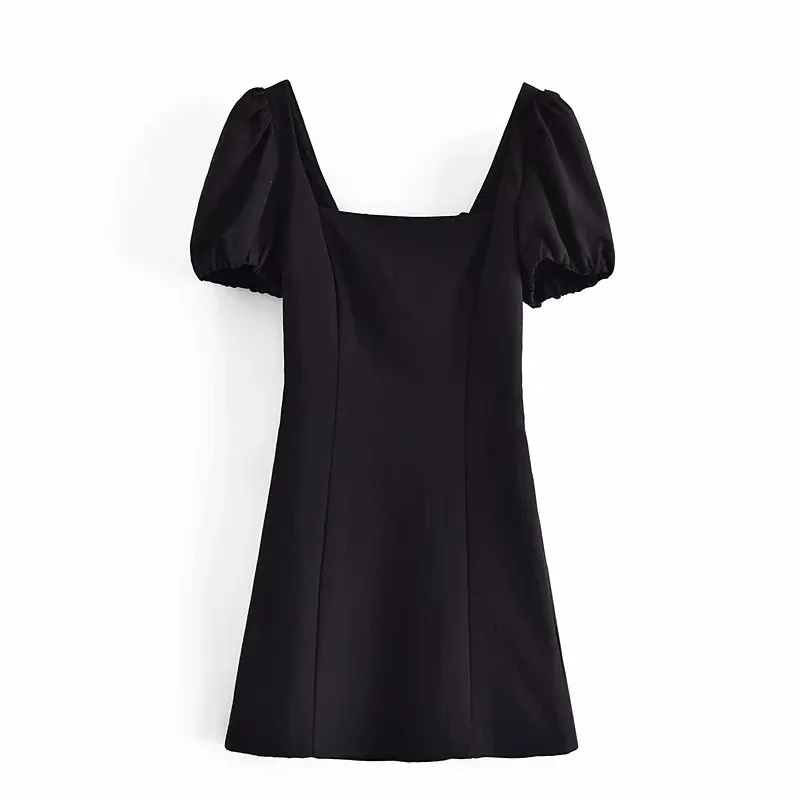 الصيف اللباس الأسود الكتان قصيرة es المرأة خمر الفرنسية مربع الرقبة نفخة كم مثير strappy مصغرة 210519