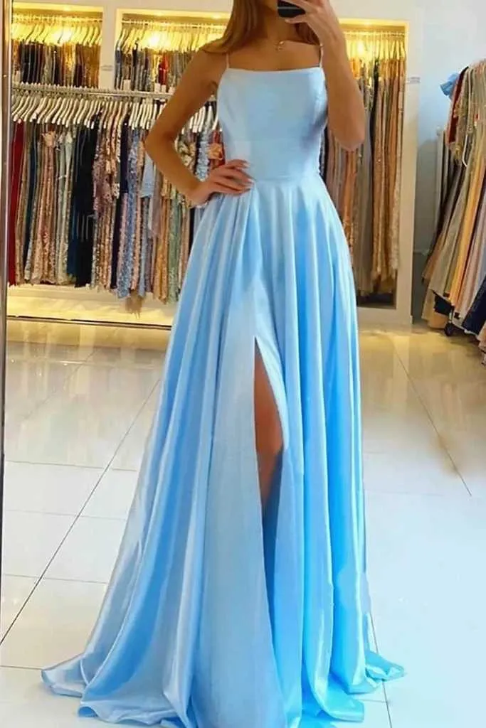 AE946 satin Dresses Evening Dress prom party Robe De Soiree Longue Formal Dress simple Spaghetti sexy slit 210719