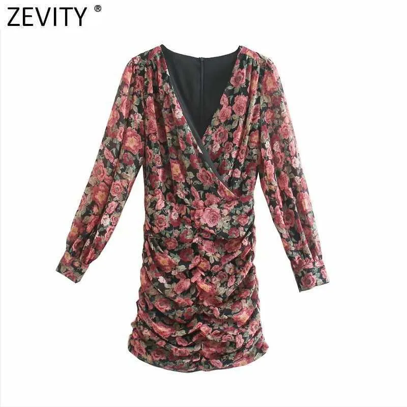 Zevity Women Vintage V Neck Floral Print Striped Pleated Mini Dress Female Pleat Puff Sleeve Casual Slim Vestido DS5030 210603