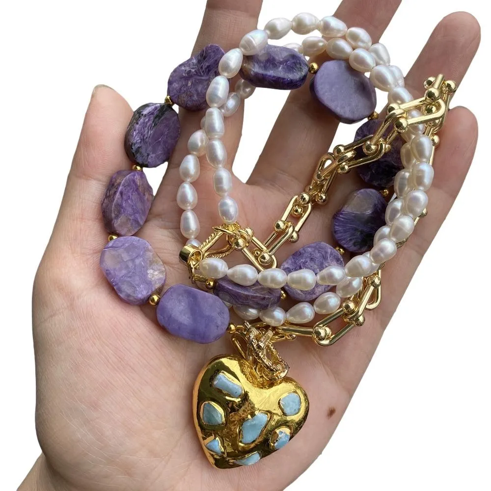 YYGEM natural Purple Freshwater Cultured White Rice Pearl statement Necklace Blue Larimar Heart Shaped Pendant 18"