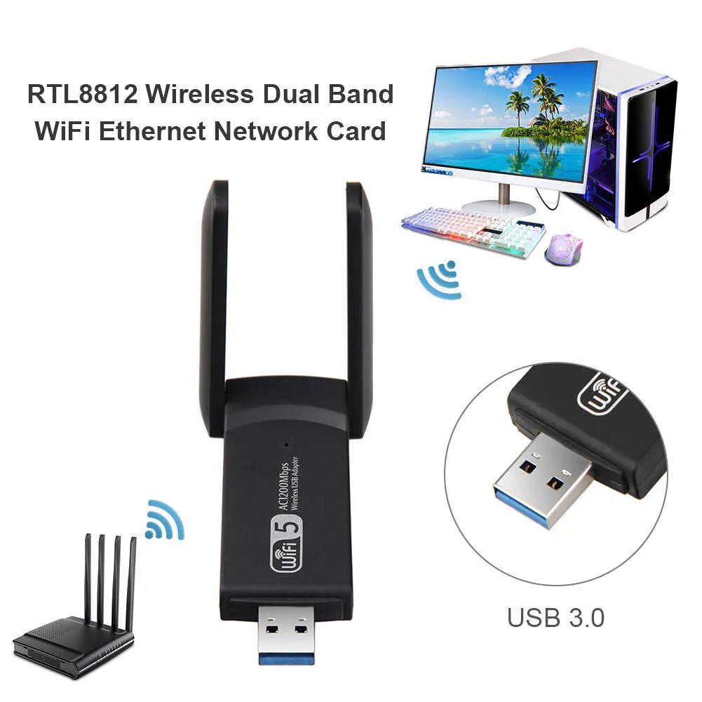 RTL8812ワイヤレスデュアルバンド2.4G 5.8G WiFiイーサネットアダプター1200MBPSネットワークカードデュアルアンテナUSB3.0レシーバー用PC用