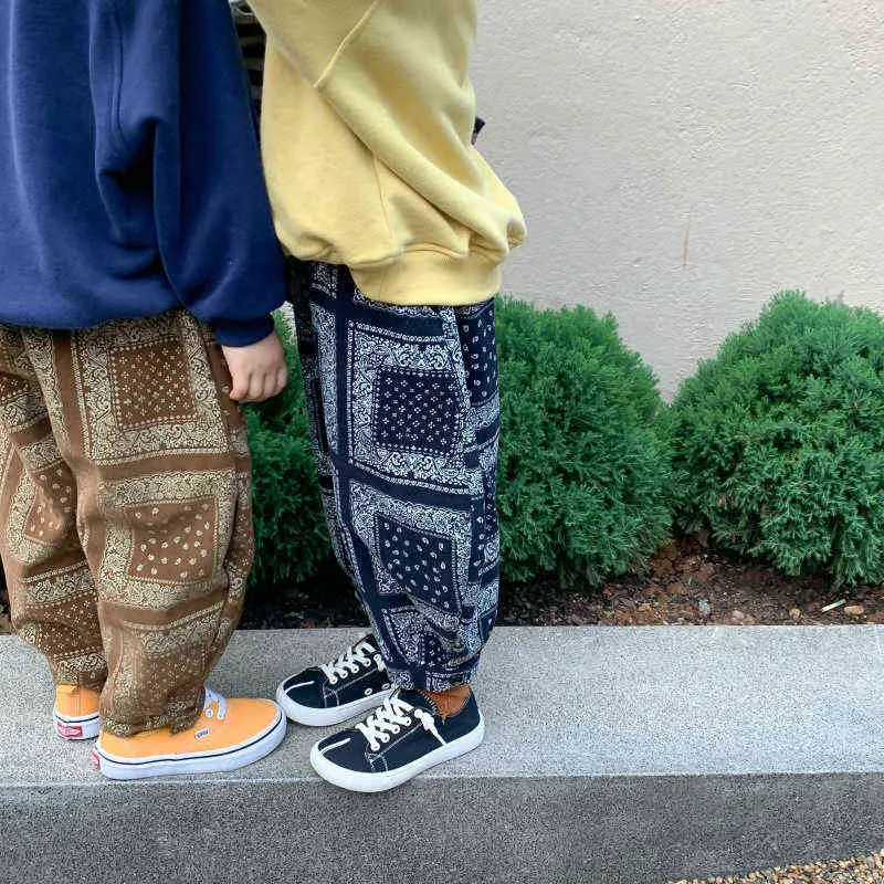 Autumn children fashion retro floral loose harem trousers Boys and girls wide corduroy pants 1-7Y 211224