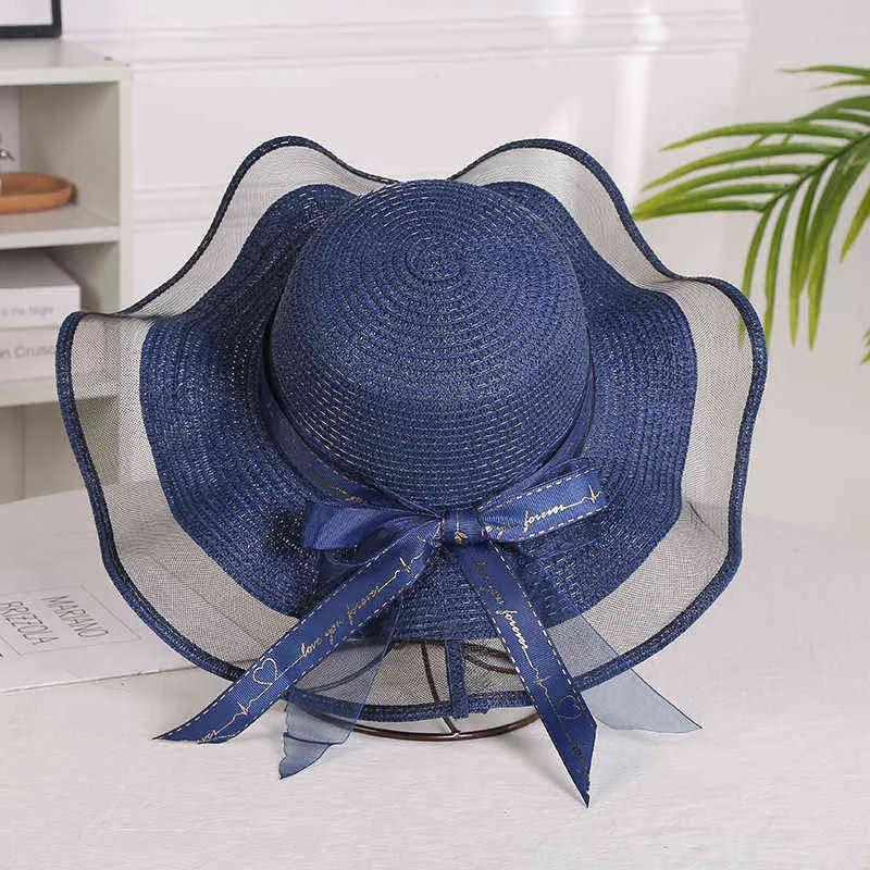 Chapeau de paille Big Bow de 5,5 pouces pour femmes, grande disquette, chapeau de plage enroulable pliable, chapeau de soleil, chapeau de paille élégant avec bords en maille G220301