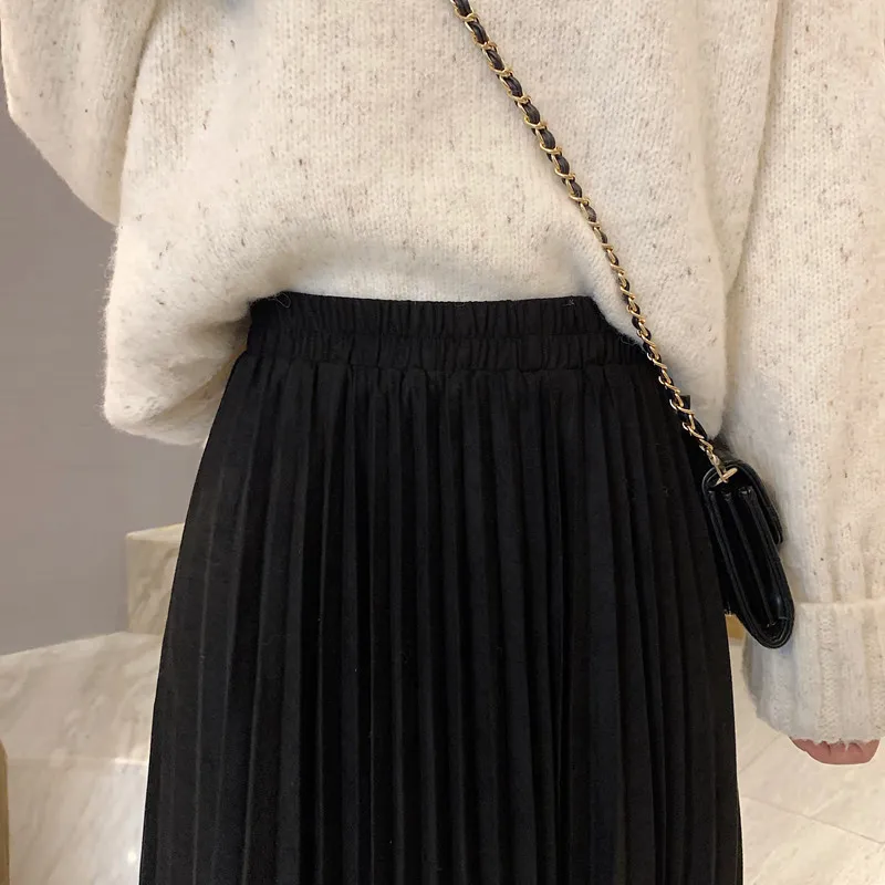 Women Pleated Suede Leather Long Skirts Winter Elastic High Waist Casual A-Line Mid Length Skirt Female Mujer Faldas 210514