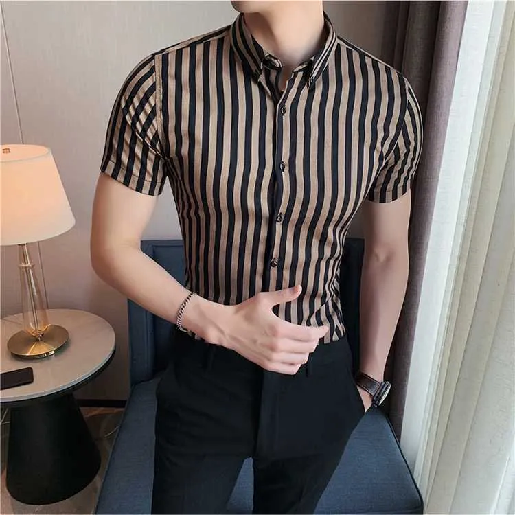 Summer Striped Shirts Men Short Sleeve Business Casual Shirt Luxury Classic Slim Fit Social Party Dress Shirts Male Clothes 210527