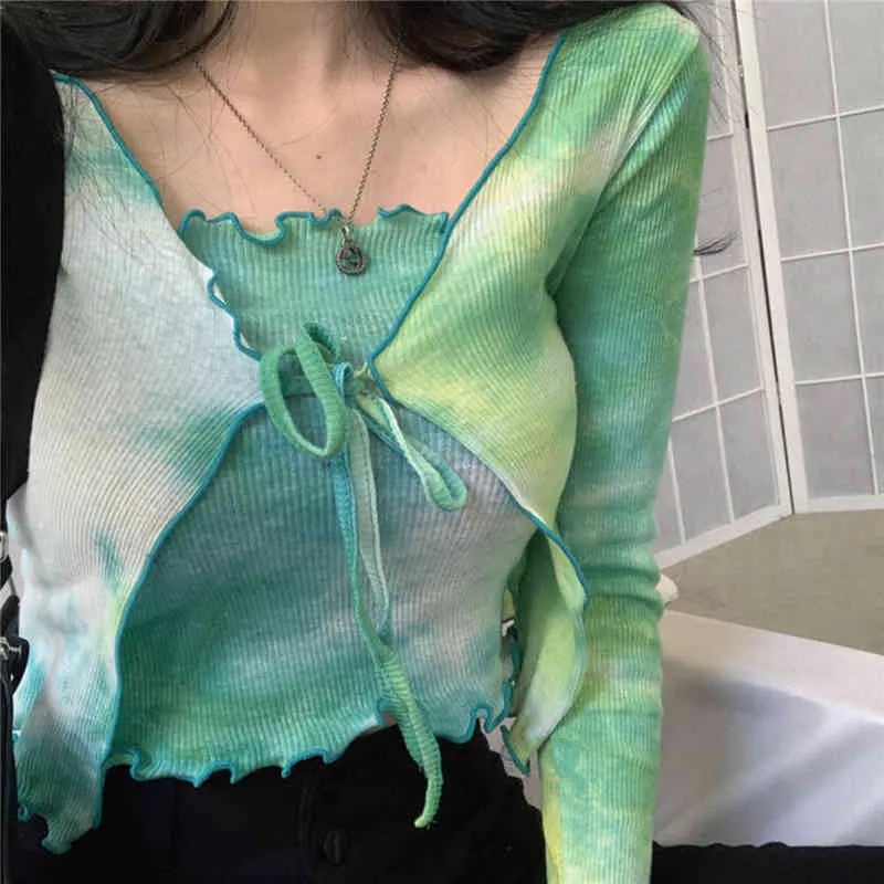 Long Sleeve Female Top Summer Tie Dye Blouse Women Sexy V-Neck Casual Lace Up Lady's Blouse+Camis Chemisier Femme 10372 210427