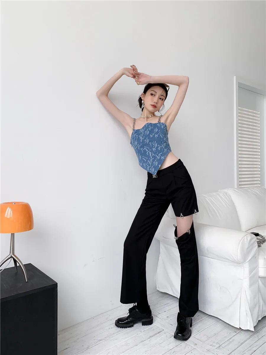 Metallkette Spaghettiträger Crop Top Asymmetrische Jacquard Denim Sommermode Blaue Röhre Cami Kleidung 210427