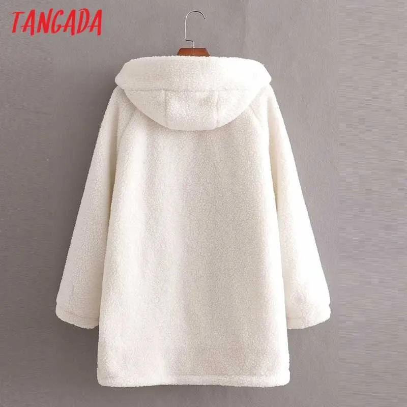 Tangada Femmes Blanc Teddy Manteaux Veste Lâche Manches Longues Fermeture Éclair Poche Dames Élégant Automne Hiver Manteau 1D66 210609