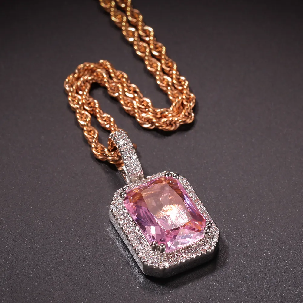 Unisex Square Shape Hip Hop Iced Out Chain Necklace Rhinestone Red Crystal Pendants & Necklaces For Women Men Jewelry2726