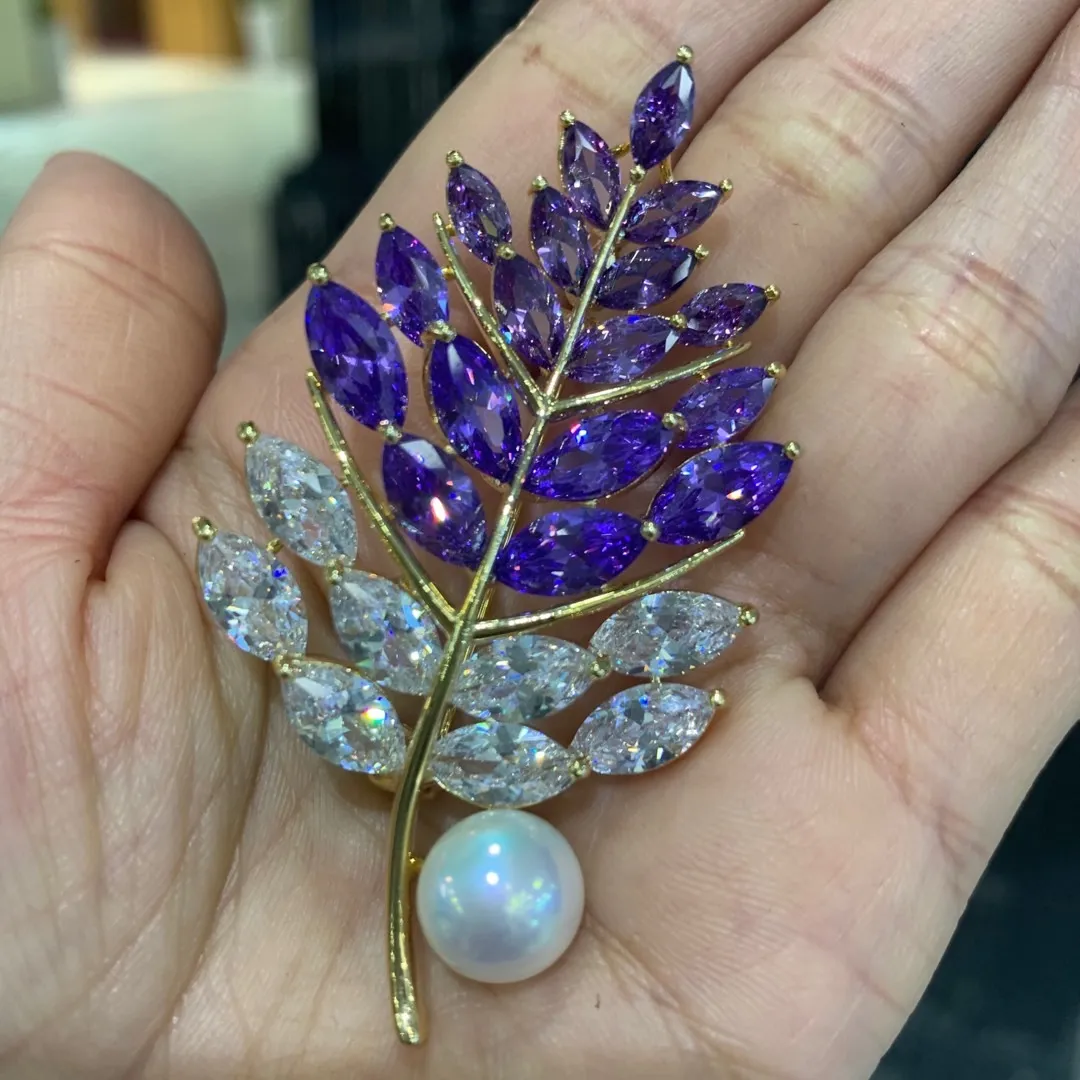 natural fresh water pearl brooch cubic zircon leaf purple multi color butterfly fashion women jewelry