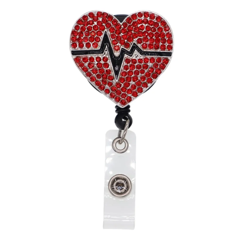 Heart Shape Key Rings Crystal Rhinestone Nurse ID Badge Holder Woman Yoyo Card Retractable Reels For Accessories3425