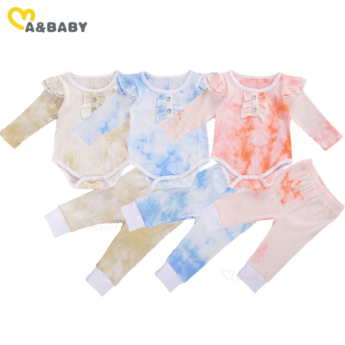 0-18M born Infant Baby Girl Clothes Set Tie Dye Outfits Ruffles Knitted Romper Pants Autumn Costumes 210515