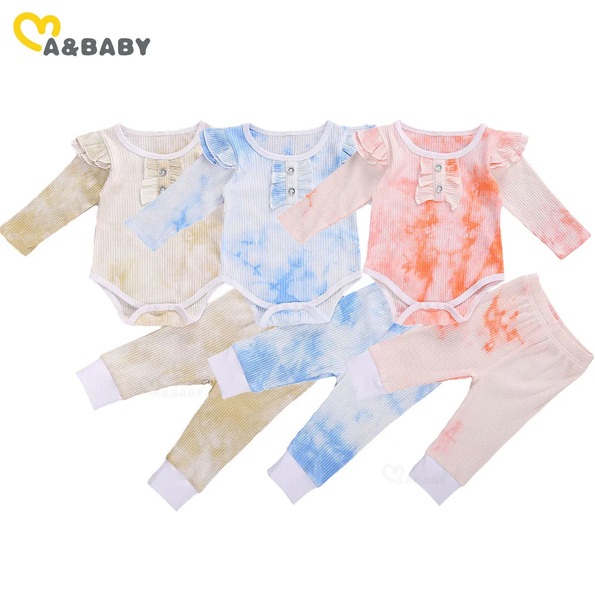 0-18m Born Infant Baby Girl Ubrania Zestaw Tie Dye Stroje Ruffles Dzianiny Romper Spodnie Jesienne Kostiumy 210515