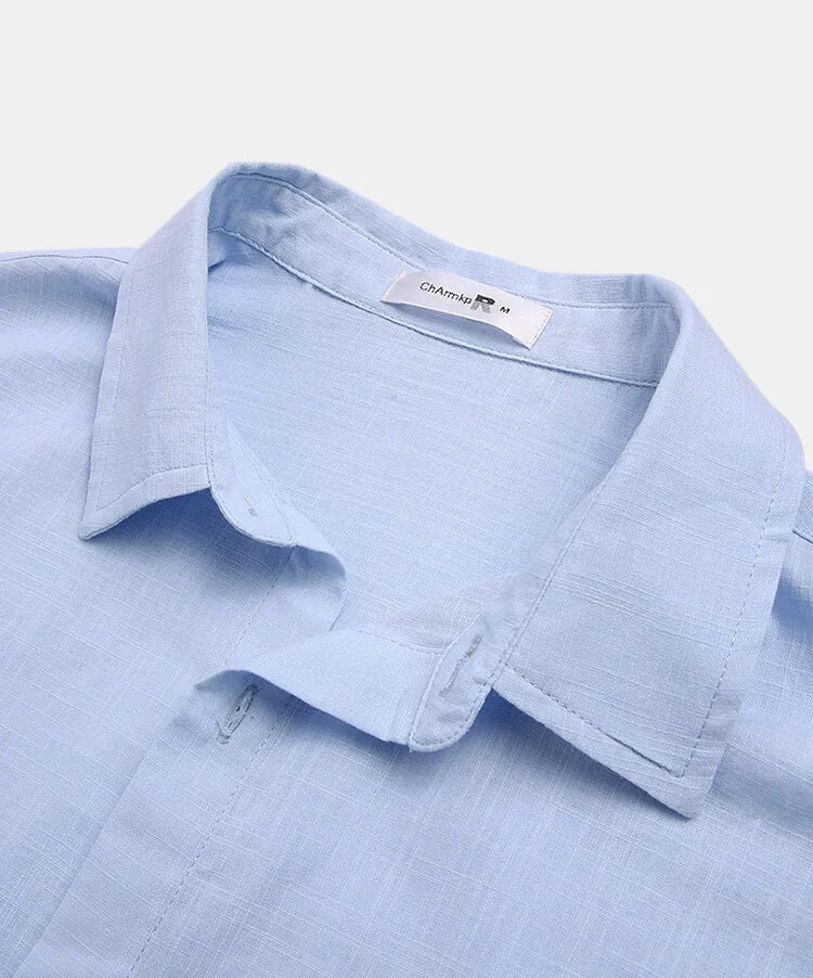 Solide vert lin été hommes chemise décontracté lâche chemises pour hommes avec poche revers bouton hommes chemise à manches courtes Streetwear 210524