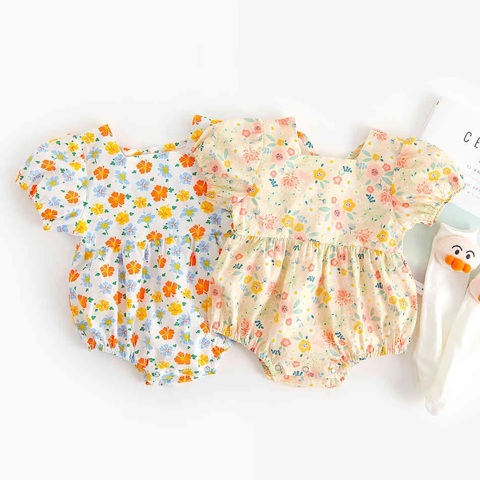 Baby Romper Floral Puff Sleeve Femme Filles Combinaison Sweet Round Col Halter Summer Born Body 210515