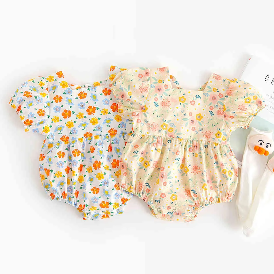 Baby Romper Kwiatowy Rękaw Puffowy Kobiet Dziewczyny Kombinezon Słodki Okrągły Neck Halter Lato Born Body 210515