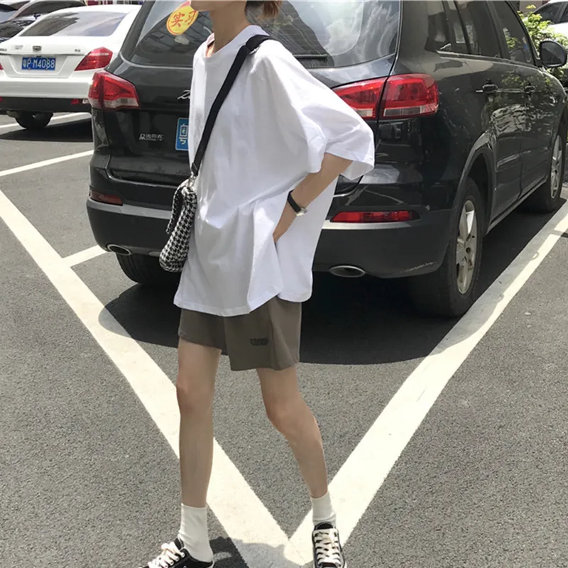 Lente Zomer Vrouwen T-shirt Slit Korte Mouw Basic Tee Shirt Solid Oversized Losse Casual O-hals Harajuku Vrouwelijke Top Korea