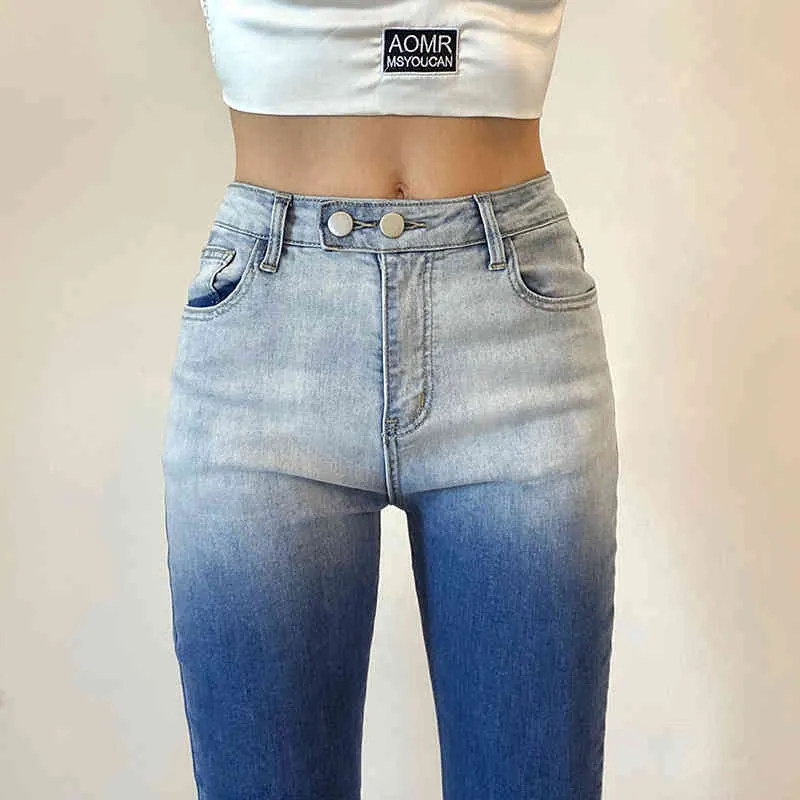 Streetwear Farbverlauf Jeans Damen Sommer hohe Taille dünne Denim Micro Flare Hosen weibliche Flut 5E191 210427